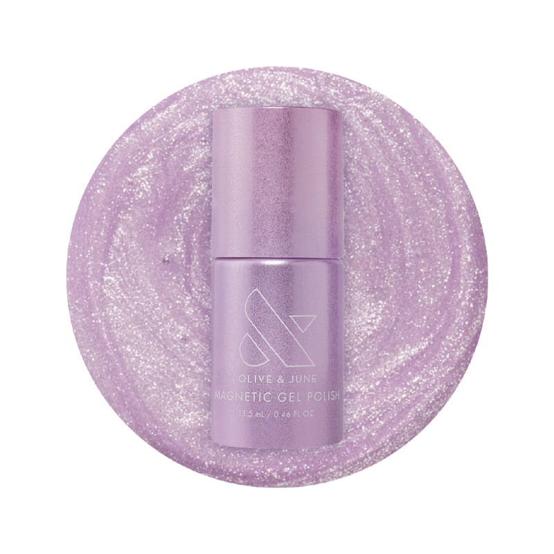 Olive and June Amethyst Velvet - Gel polish bottle on sparkling pastel lavender magnetic gel polish background