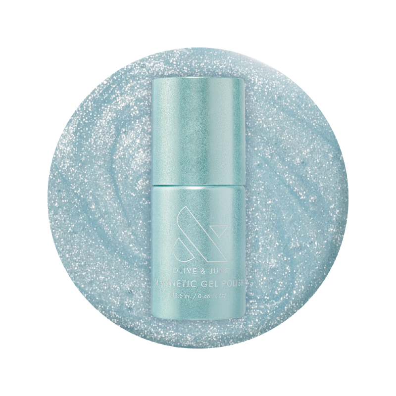 Olive and June Aqua Velvet - Gel bottle on bright pastel blue magnetic gel polish with shimmering velvet texture