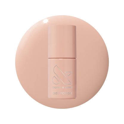 Bottle of KAG - Gel gel polish in neutral peachy pink shade on matching peach background