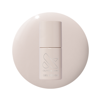 Bottle of LHG - Gel polish in soft grey neutral with a subtle pink undertone on matching light background