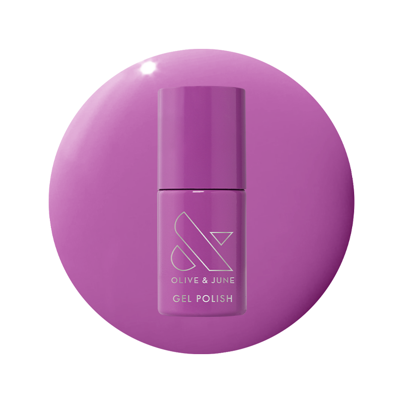 Bottle of Petal - Gel nail polish in bright floral purple shade on matching purple gel polish background