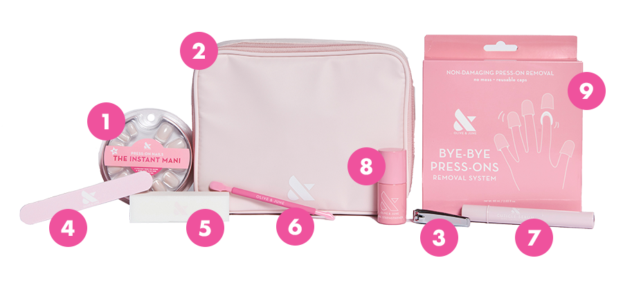 Press-On System - 4 Sets displayed with nail file, remover pot, brush, nail polish, and pink storage pouch for easy at-home manicure