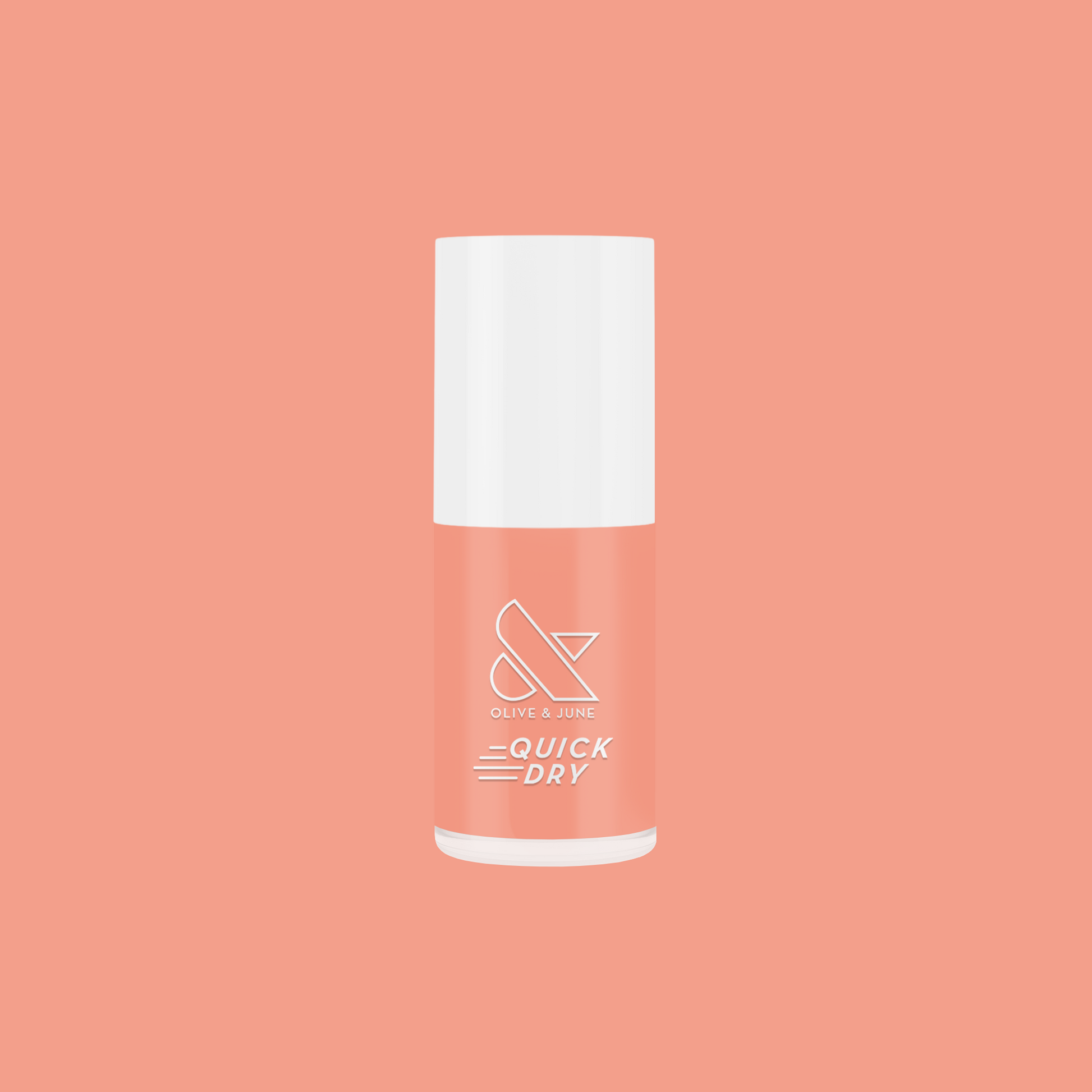 Bottle of Melon quick dry nail polish in bright juicy cantaloupe orange shade on a matching background