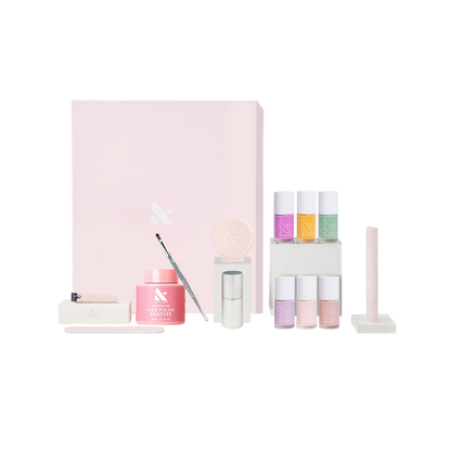 The Mani System nail care set with polish remover, brush, six polish shades, and tools for easy at-home manicures