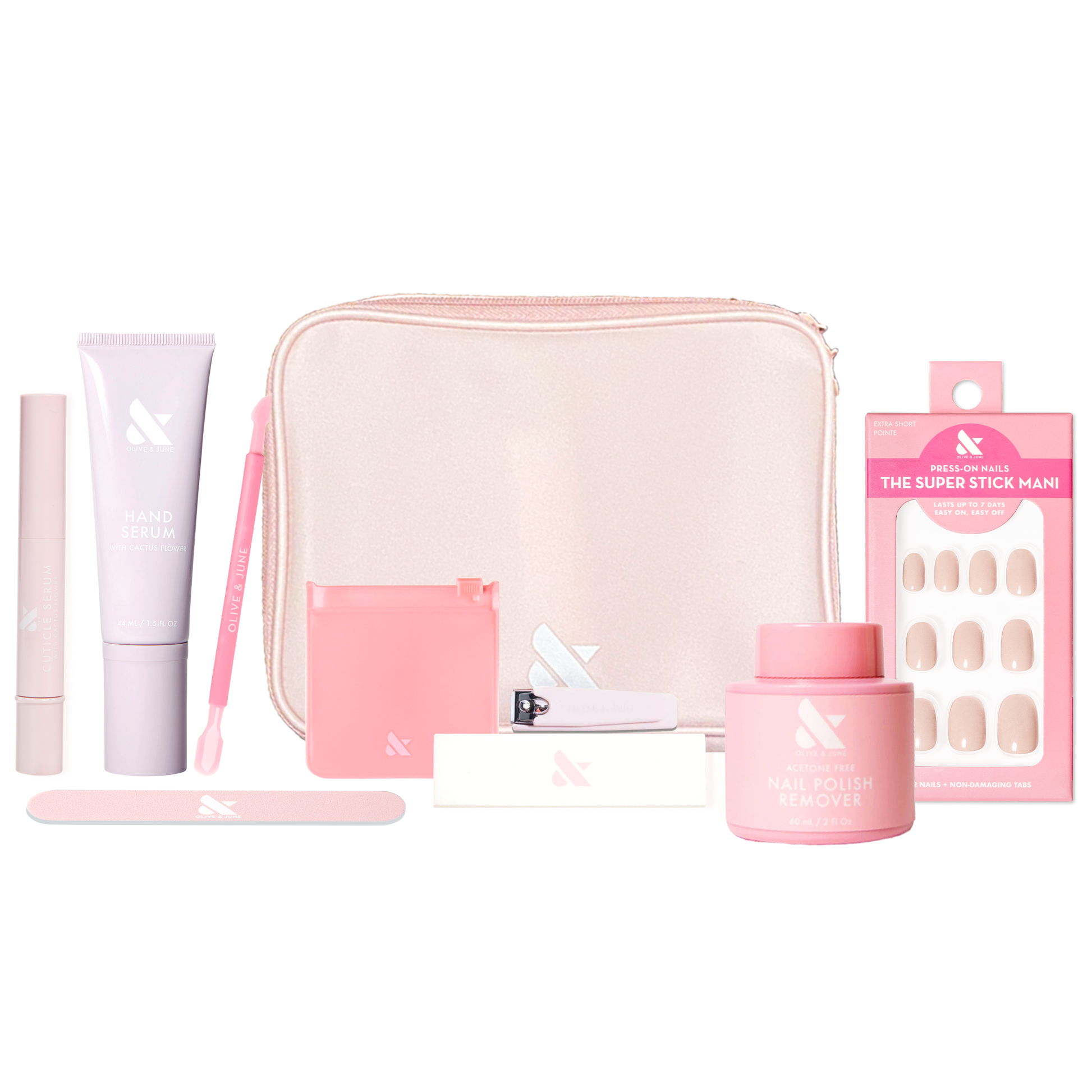 Tab Press-On System - 4 Sets with manicure tools, press-on nails, remover, hand serum, and carrying case in soft pink tones