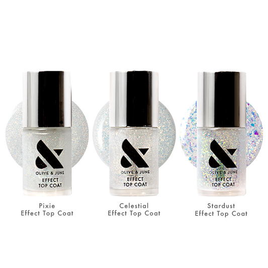 Top Coat Effects Trio with three shimmer top coats named Pixie, Celestial, and Stardust for enhancing manicures.