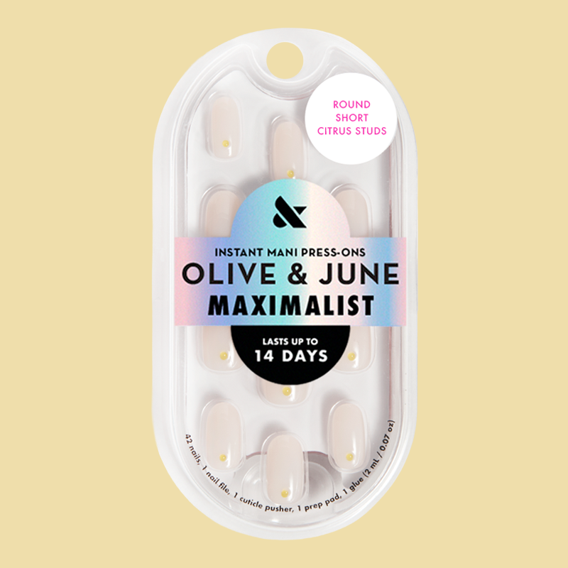 Citrus Studs - Press-On | Short | Round milky neutral nails with puffy 3D lemon yellow accents for quick at-home mani