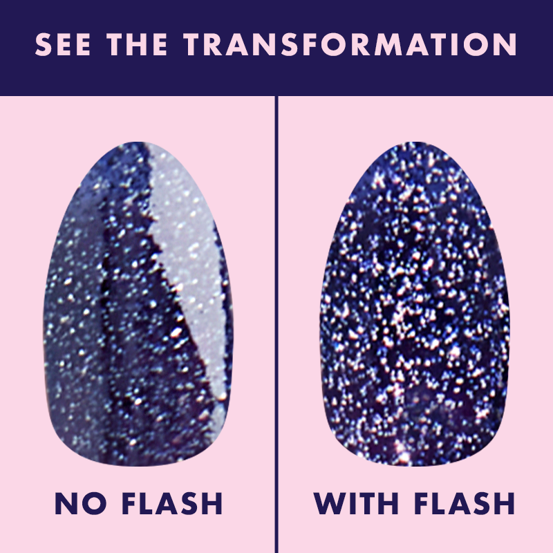 Out Past Curfew Gel swatch showing deep blue-black flash glitter gel polish without and with flash for sparkling mani